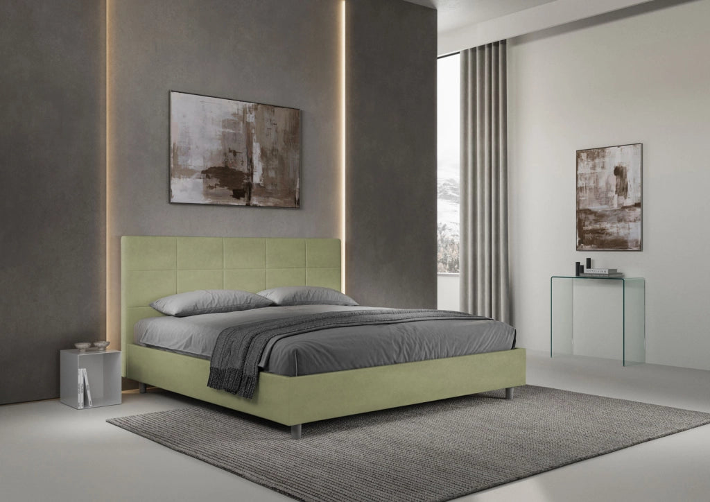 Letto Matrimoniale King Size 170x200 cm con Rete Imbottito in Microfibra Mika Tè Verde