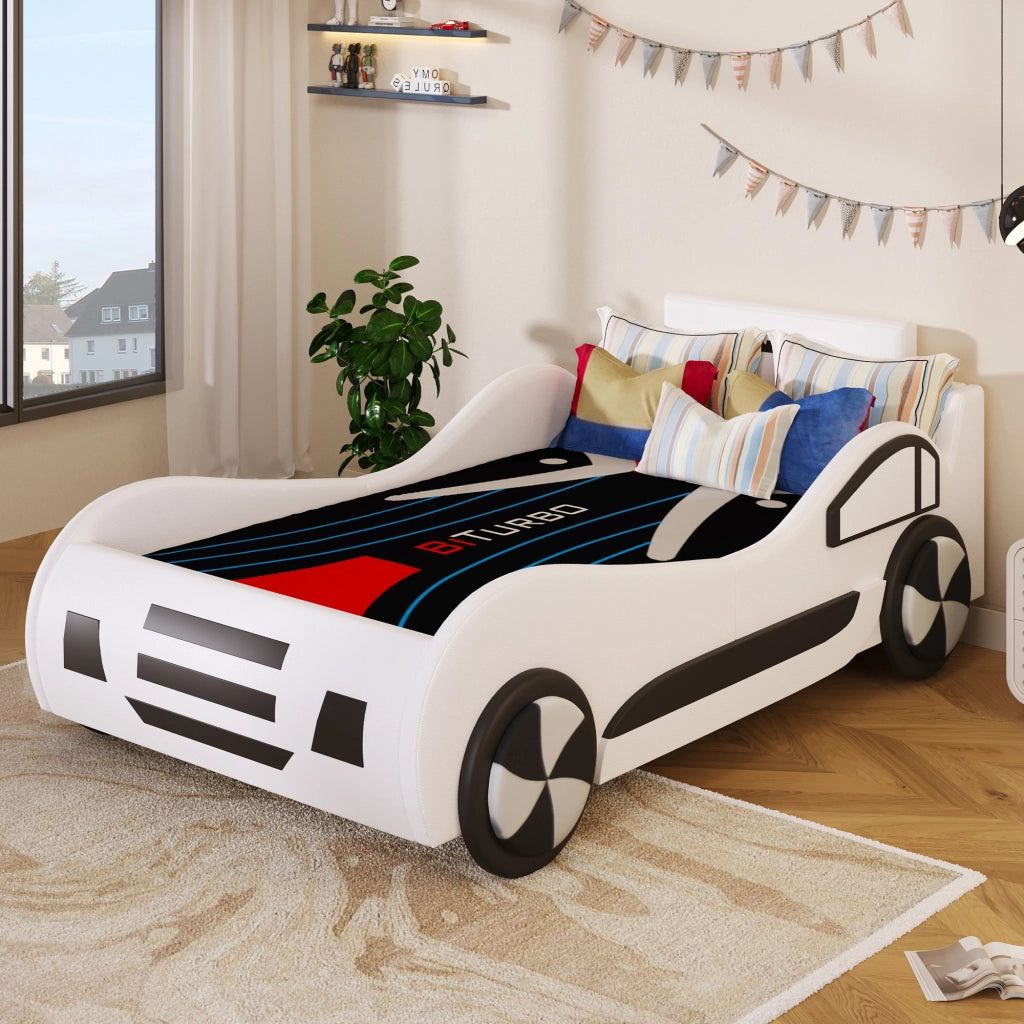 Letto per bambini a forma di auto 90x200 cm con rete a doghe e vano contenitore idraulico; MDF e PU bianco