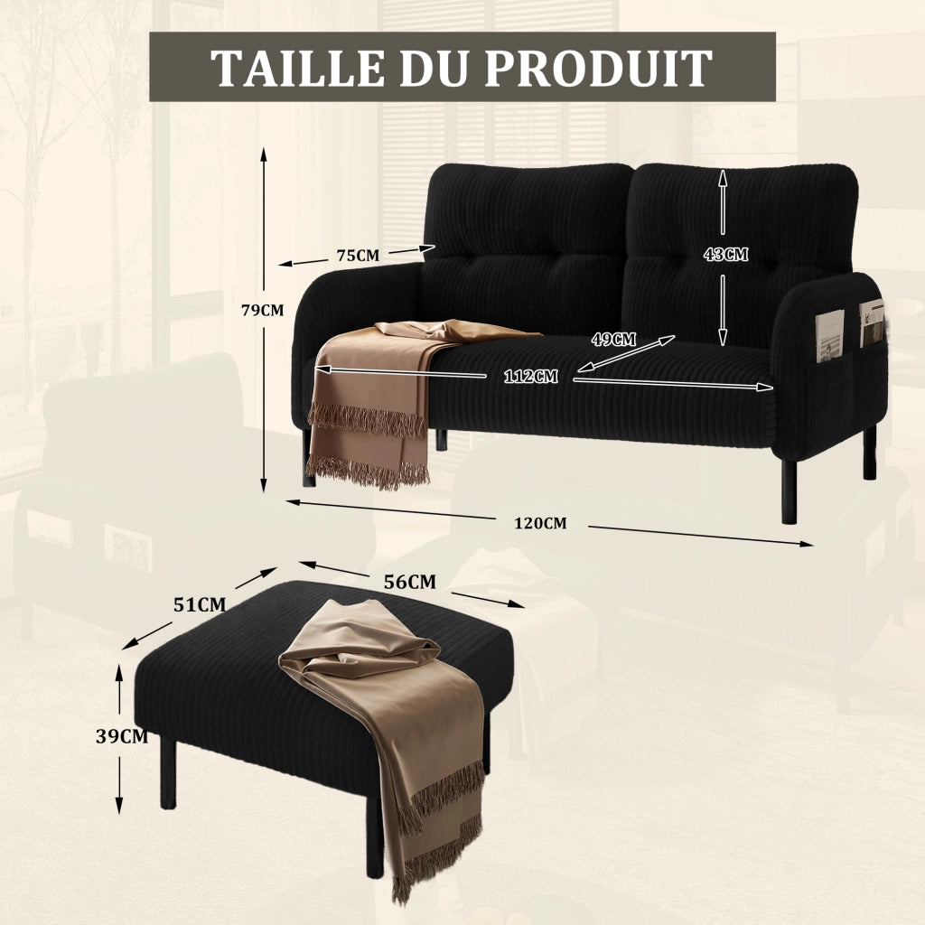 Divano 2 posti 120x75x79 cm con tasca laterale; schienale ergonomico e piedi in metallo; velluto a coste nero