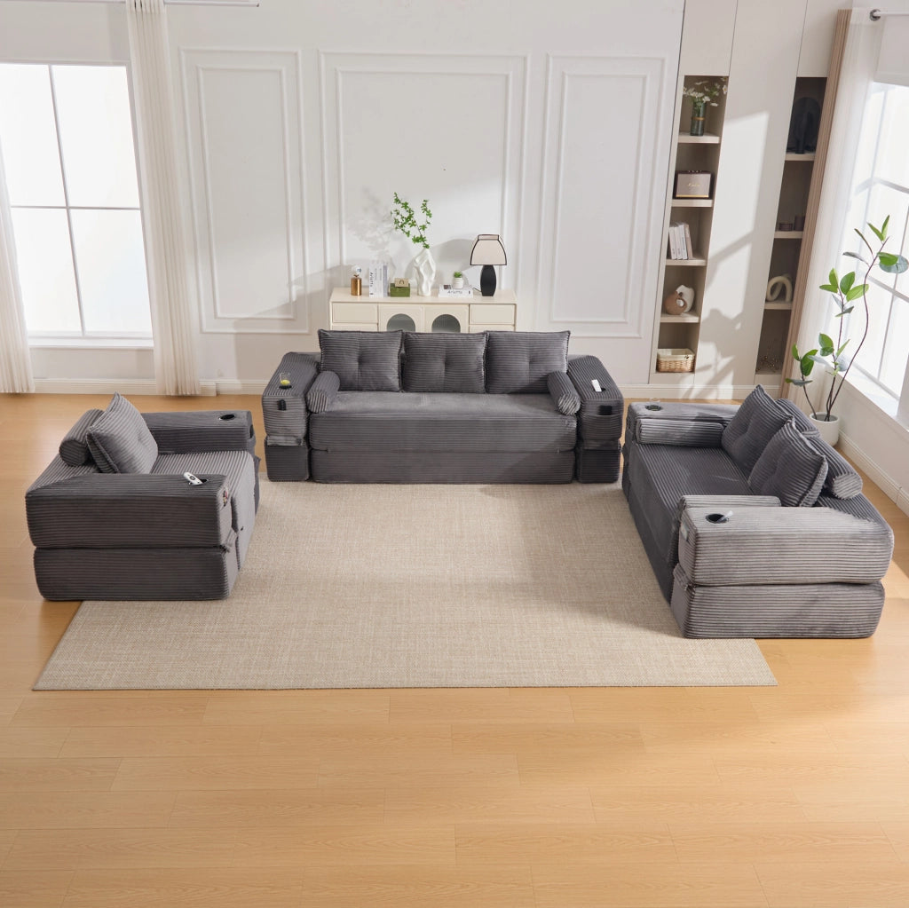 Divano letto in corduroy a due posti con schiuma ad alta densità e molle, con cuscini memory e porta bevande, facile da montare