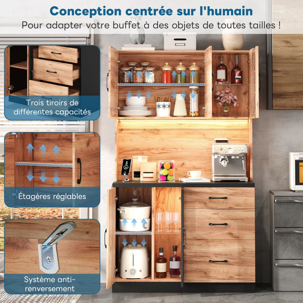 Armadio alto da cucina moderno 105x40x180 cm, nero e effetto legno, con illuminazione LED, ripiani regolabili e presa europea. Per cucina, sala da pranzo, soggiorno