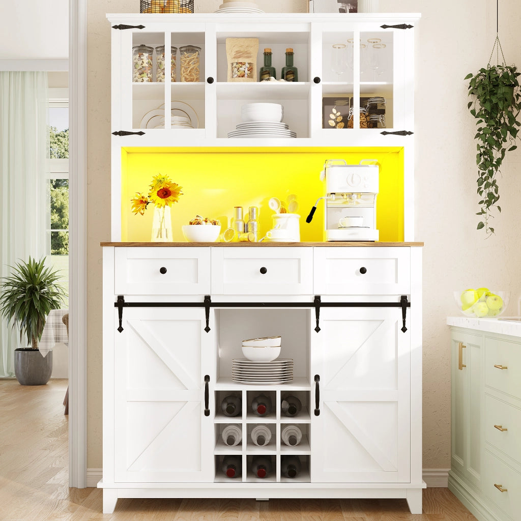 Credenza alta da cucina 105x38,4x180 cm in MDF bianco con LED, ante scorrevoli e ripiani regolabili