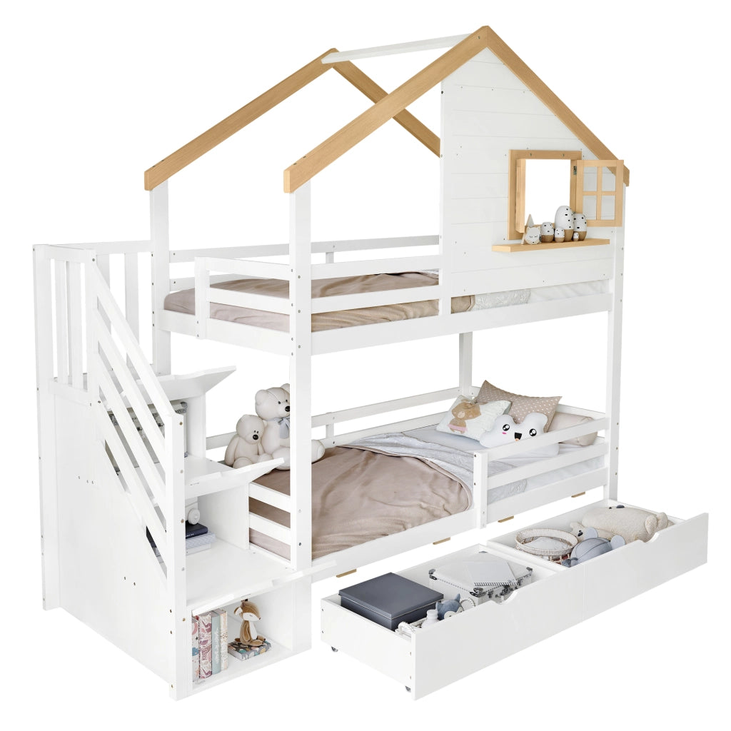 Letto a castello a casetta 90x200 cm in pino e MDF; bianco e naturale; con scala contenitore e cassetti per cameretta