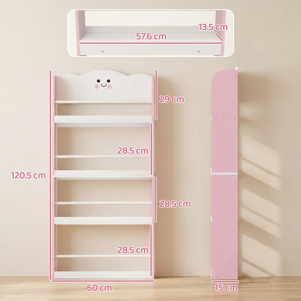 Libreria Montessoriana per Bambini 3-6 Anni con Tema Zucchero Filato, 4 Ripiani in Legno, per Cameretta, Rosa