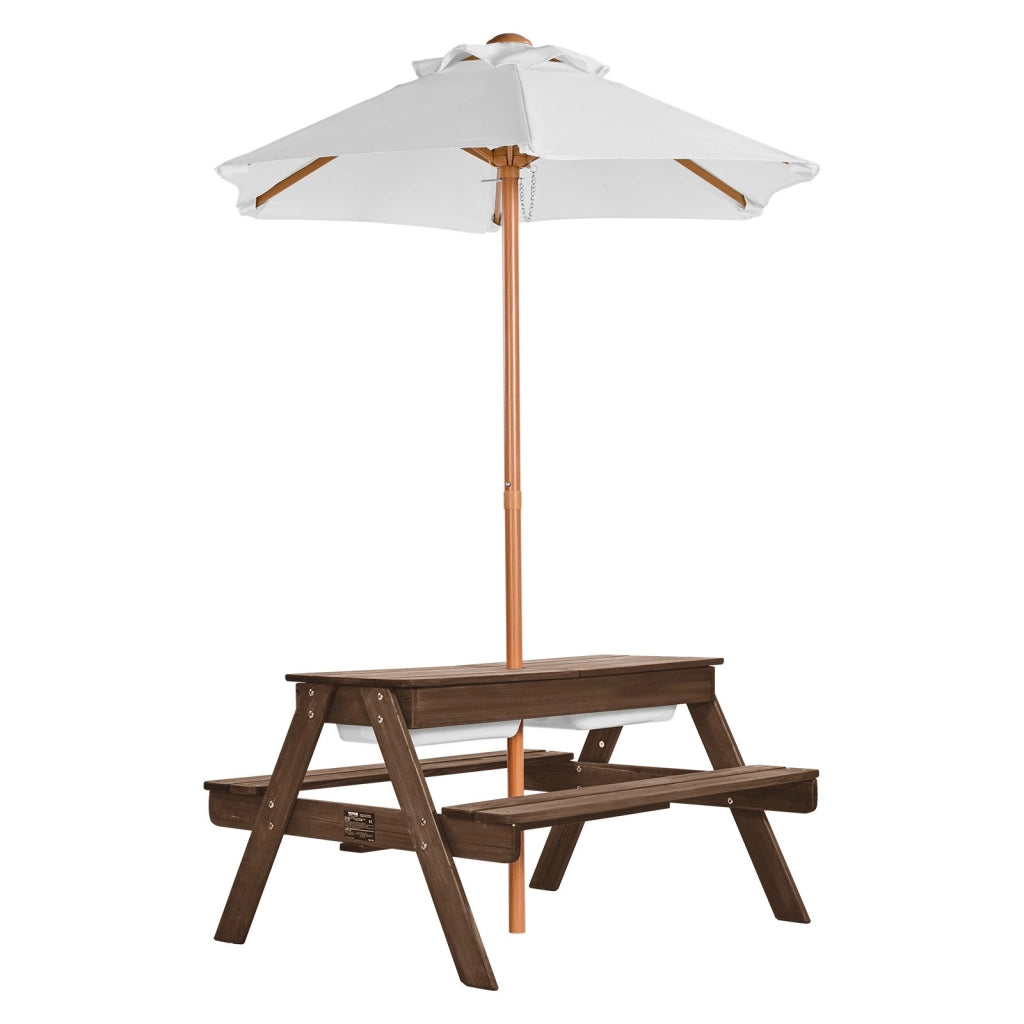 Tavolo da Picnic con Ombrellone in Legno di Abete, Noce, per Giardino e Esterni, 4 Posti, 2 Vassoi, 890 x 800 x 510 mm