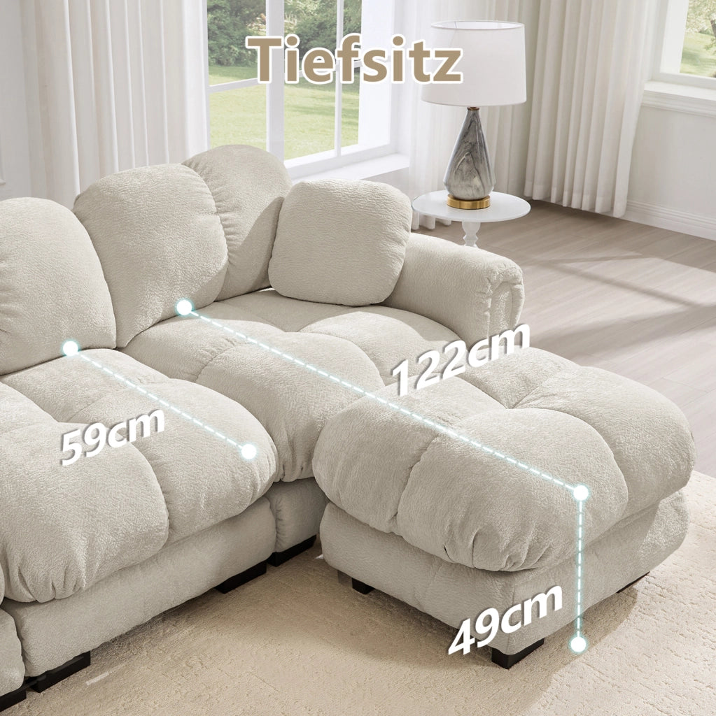 Divano angolare modulare a U 4 posti in tessuto chenille, colore kaki chiaro, con 2 pouf mobili