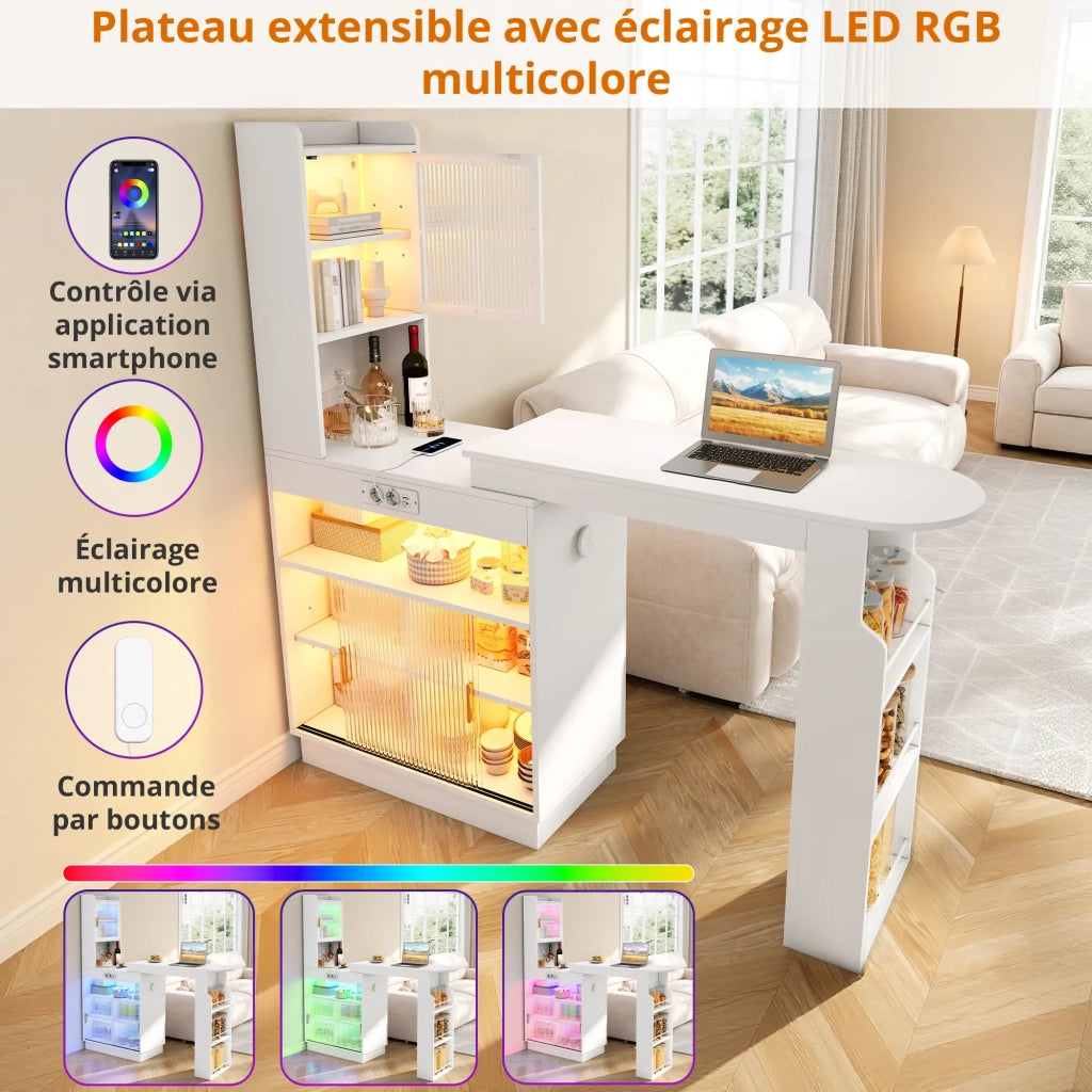 Bar allungabile e tavolo alto con contenitore, credenza e mobile da cucina con ante in vetro, illuminazione LED controllata via app, presa, USB e USB-C, bianco, 131–170 × 40 × 170 cm