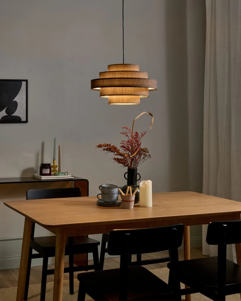Lampada a sospensione con paralume in tessuto di lino marrone design moderno luce per soggiorno