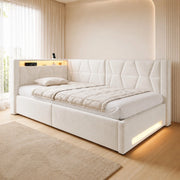Letto singolo imbottito 90x200 cm con contenitore; LED; USB e Type-C beige