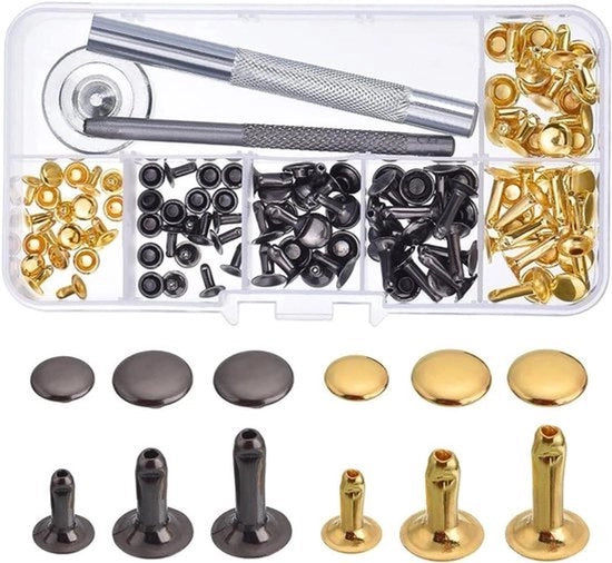 Viti a chiodo per riparazione di lavori in pelle - Decorazione - A due colori - Attrezzatura di fissaggio - Adatto per viti a chiodo Single Cap - 3 misure, 120 set di viti a chiodo tubolari con kit.