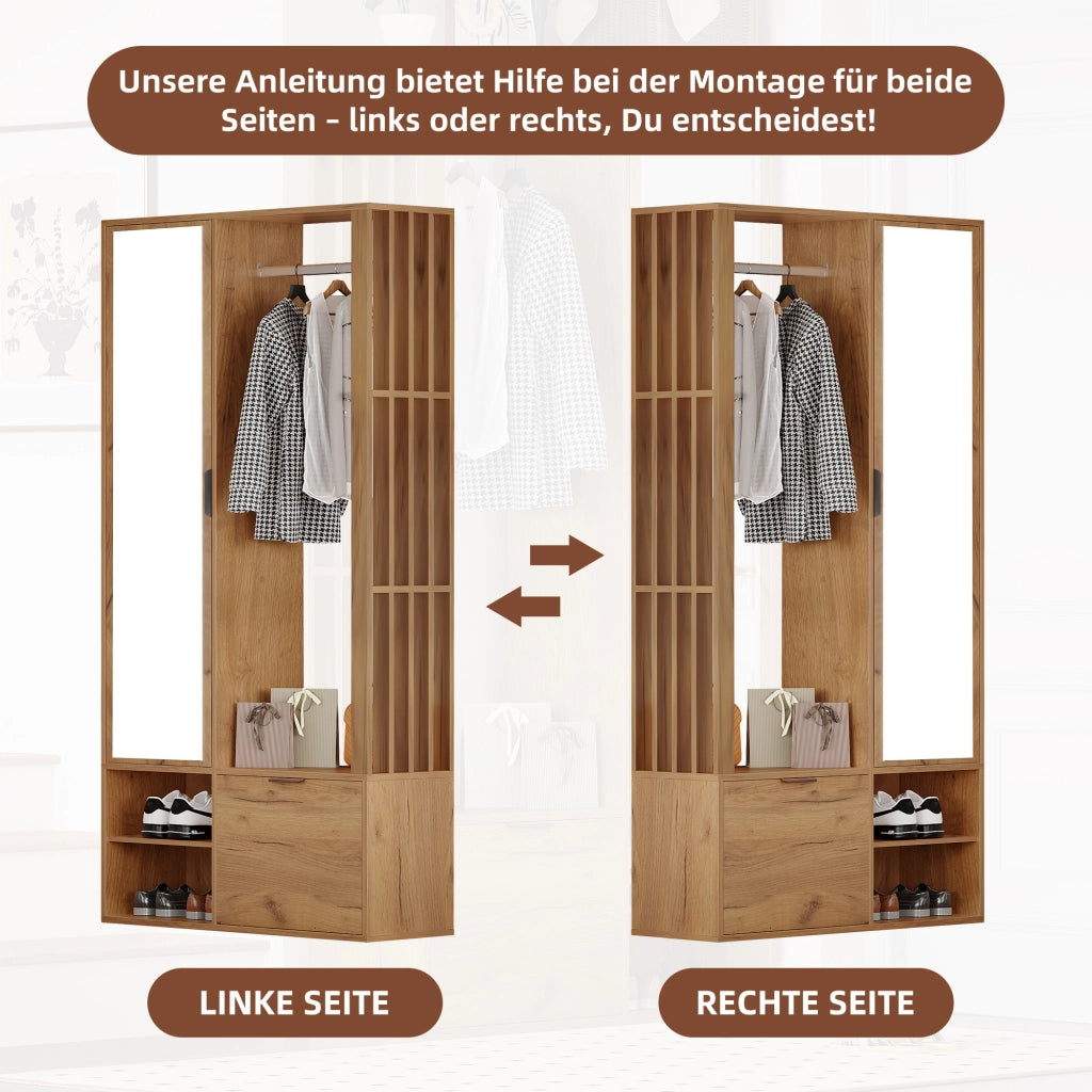 Mobile da ingresso con specchio, 2 armadietti, appendiabiti aperto e 9 vani, in truciolare naturale, 100 × 33 × 190 cm