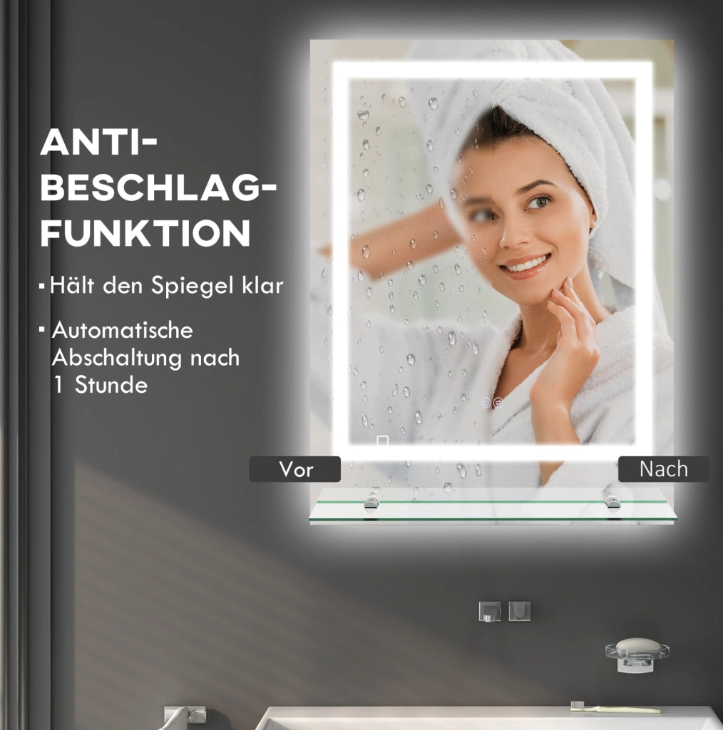 Specchio da bagno con illuminazione LED 70x50 cm, 3 tonalità di luce, antiappannamento, con mensola e interruttore touch, protezione IP44