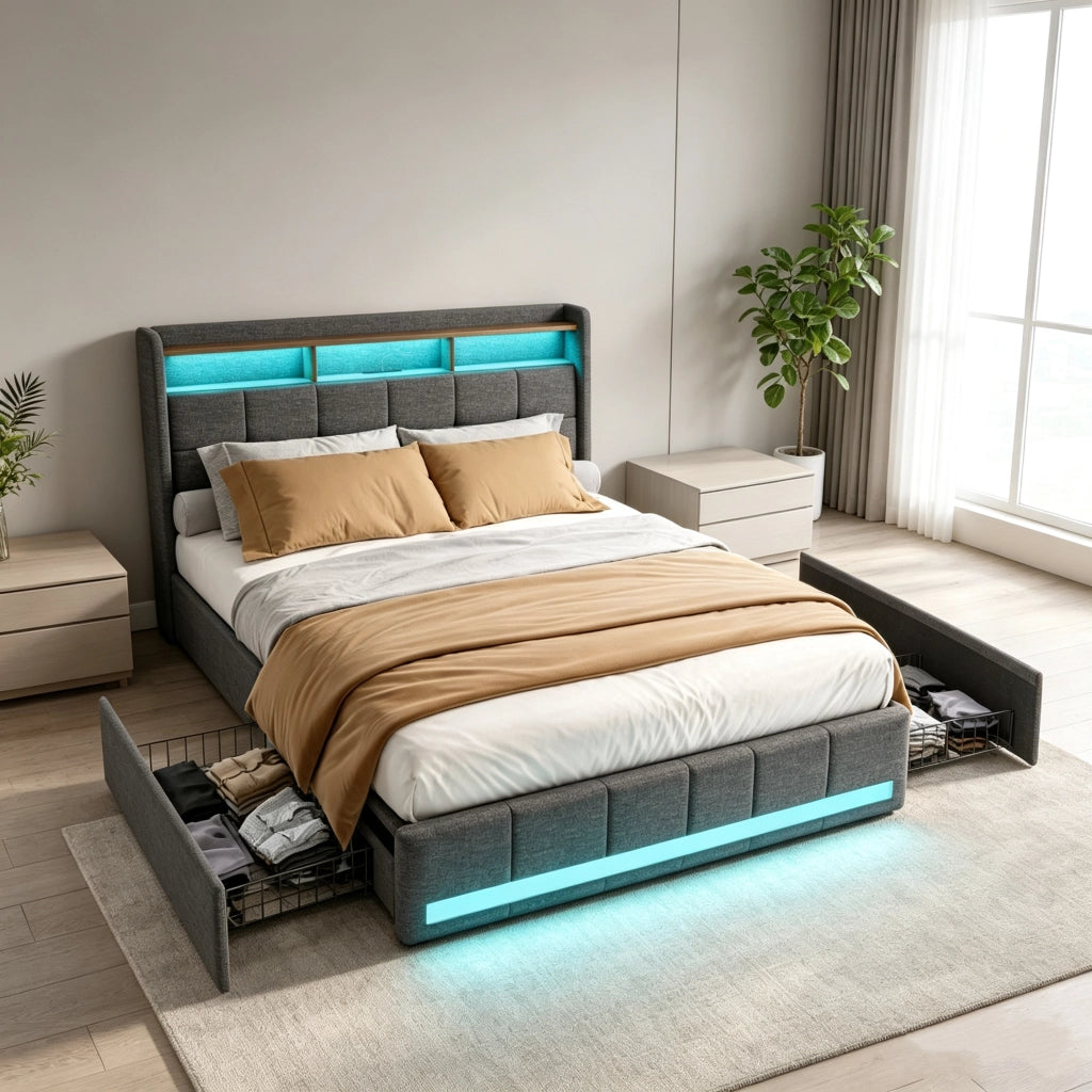 Letto matrimoniale imbottito 140x190 cm con 4 cassetti ; letto Contenitore con LED e USB; letto funzionale letto adulti ;Lino Grigio Scuro