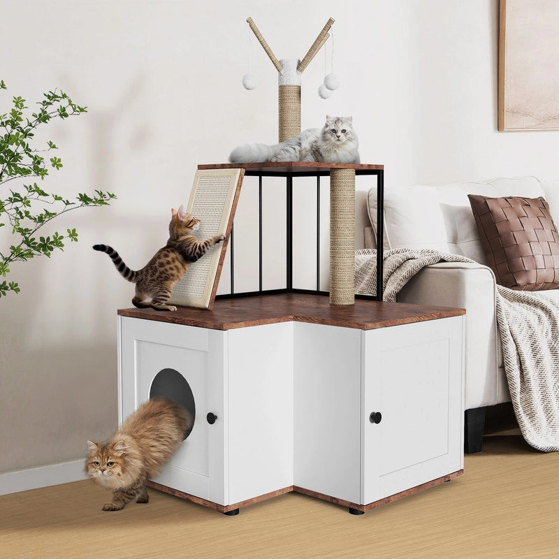 Albero per Gatti in Legno con Lettiera Nascosta e Mobiletto; Bianco