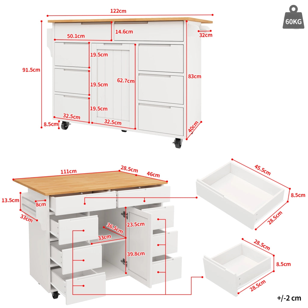 Isola da Cucina Mobile con Piano Ribaltabile 122 x 74.5 x 91.5 cm Bianca - per Cucina e Sala da Pranzo