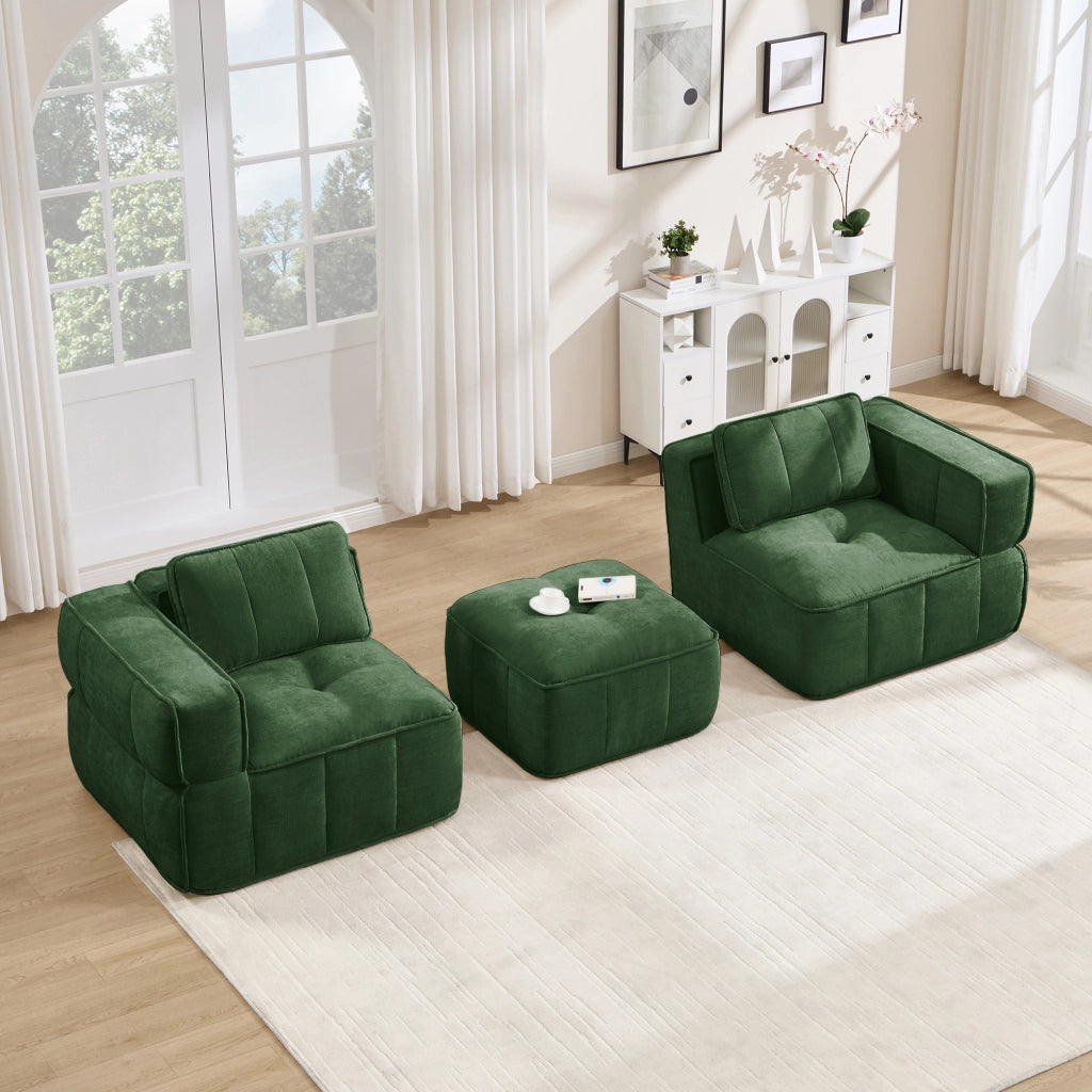 Divano angolare modulare 2 posti con pouf, seduta profonda e base antiscivolo in poliestere verde