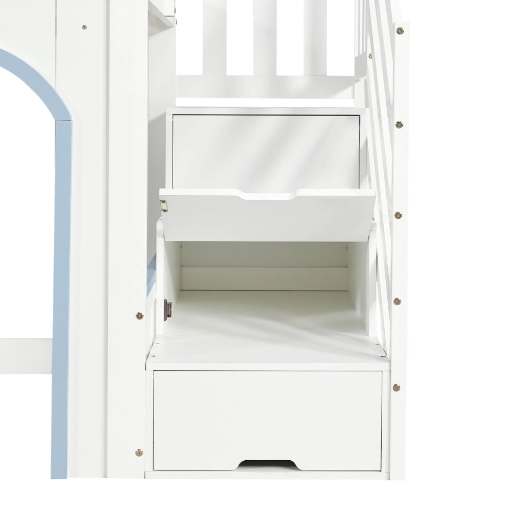 Letto a castello per bambini 90x200 cm con scala contenitore in pino, MDF e blu