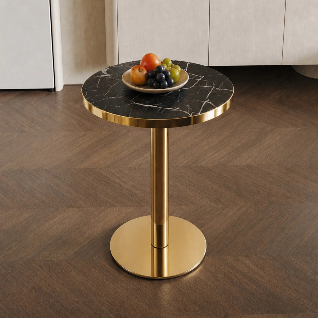 Tavolino da salotto rotondo effetto marmo nero e oro in MDF HOMVRA