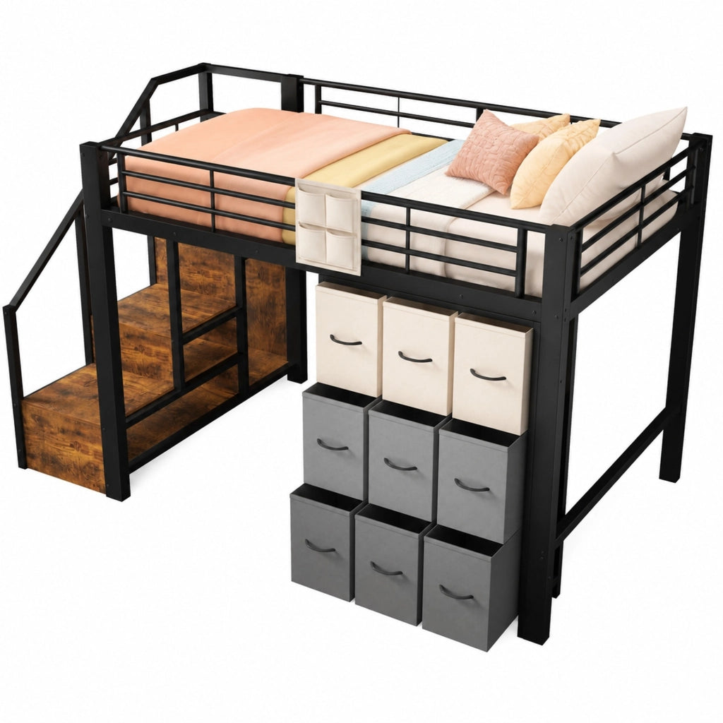 Letto a soppalco 140 × 200 cm con cassetti scala contenitore appendiabiti metallo e MDF nero con sponda