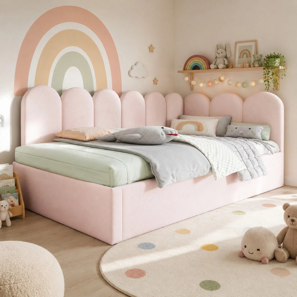 Letto con letto estraibile 90 × 200 cm con secondo letto 90 × 190 cm rivestito in velluto rosa con schienale imbottito