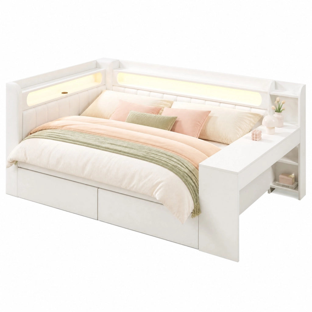 Letto divano 140x200 cm in MDF bianco con scrivania, USB e cassetti