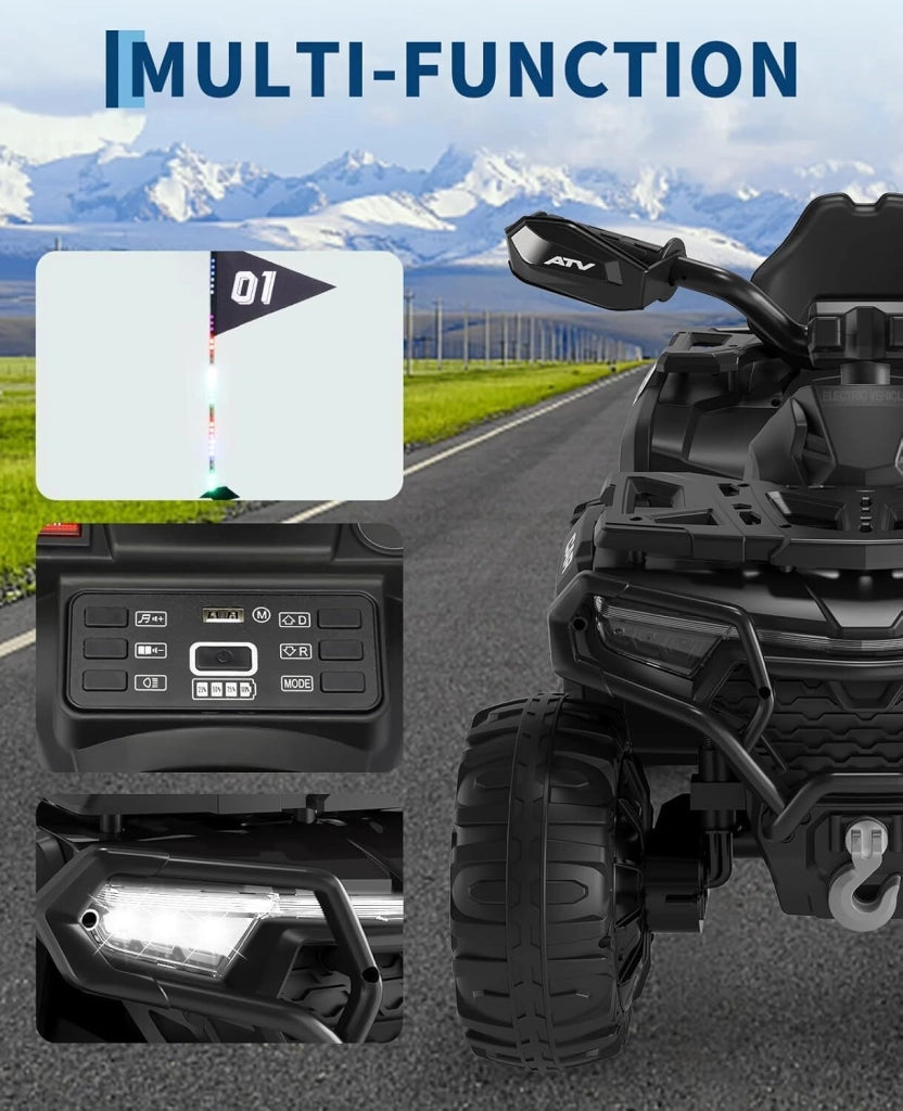 Quad Elettrico per Bambini 12V Fuoristrada con Telecomando; Sospensioni; Bandiera LED e Bluetooth - Nero