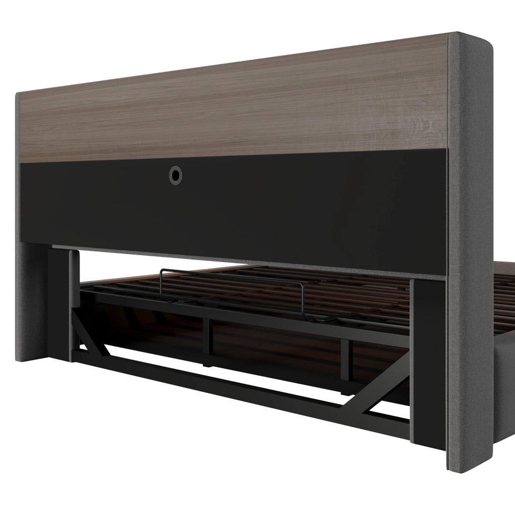 Letto matrimoniale contenitore 180x200 cm in lino grigio con LED e ricarica USB-C HOMVRA