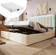 Letto matrimoniale contenitore 140x200 cm con LED e materasso in PU bianco HOMVRA