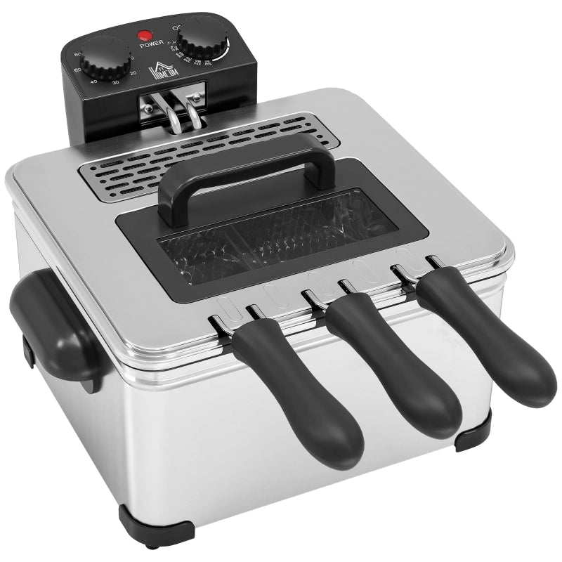 Friggitrice ad olio 5L, 2000W, acciaio inox argento. Temperatura e timer regolabili, serbatoio removibile, finestra di controllo, protezione surriscaldamento