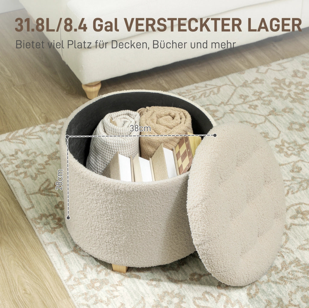 Panca rotonda con contenitore e rivestimento in tessuto color crema, Ø45 x 41 cm, struttura in legno di pino