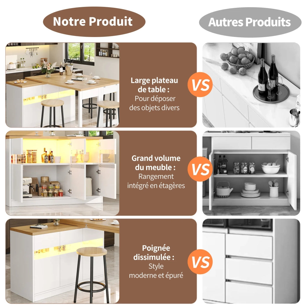 Tavolo bar allungabile 120-180 cm con illuminazione LED e rotazione 360°, moderno tavolo isola cucina bianco con spazio contenitore per soggiorno, sala da pranzo, ufficio