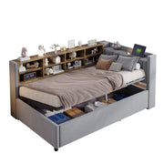 Letto divano singolo 90 × 200 cm con contenitore idraulico; luce notturna; USB e Type-C; senza materasso; grigio chiaro
