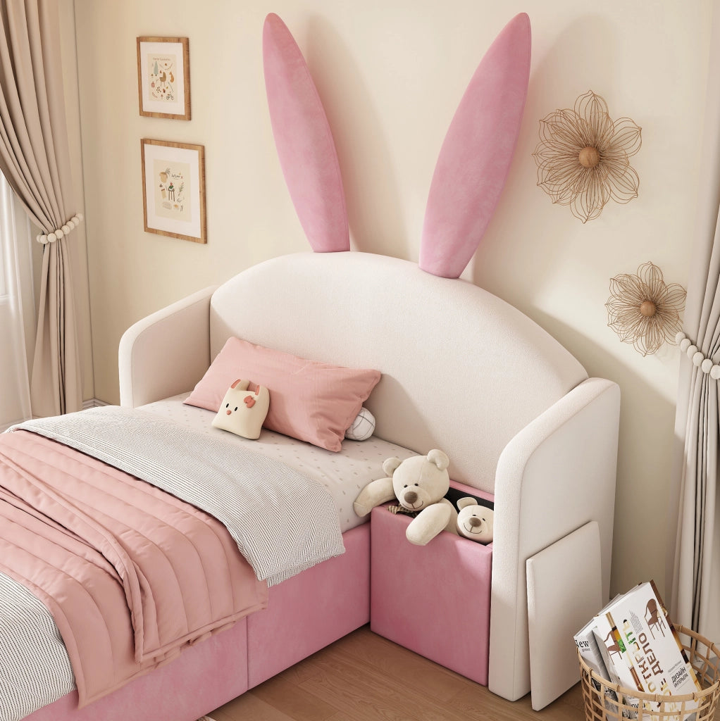 Letto per bambini 90x190 cm in velluto con contenitore e comodino beige e rosa