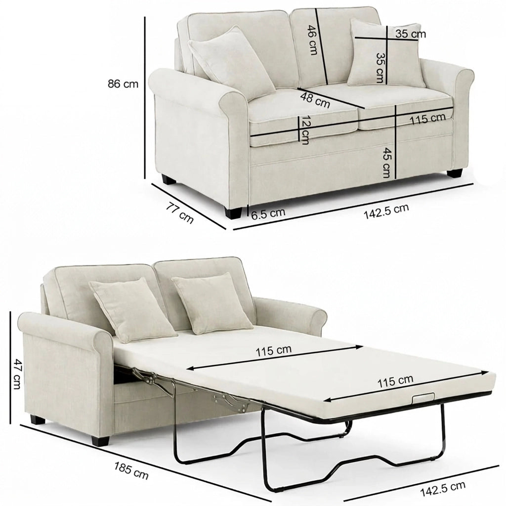 Divano Letto a 2 Posti 142,5x77x86 cm Cuscino Memory Ergonomico con Apertura Facile Beige