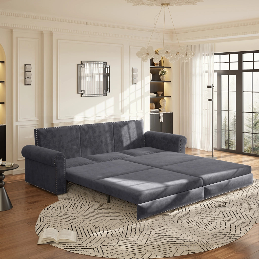 Divano letto estraibile ULEVR 238 cm 3 in 1 con schienali regolabili, velluto grigio e braccioli arrotondati