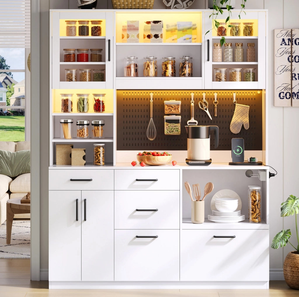 Mobile da cucina con 5 cassetti; LED RGB e prese integrate; MDF bianco