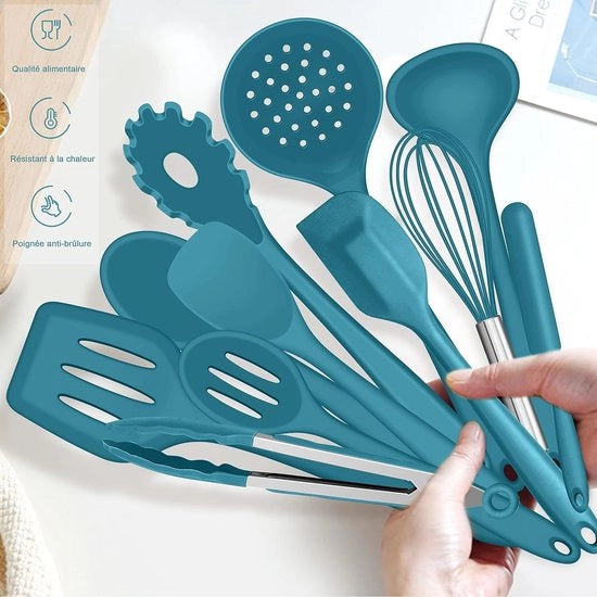 Set di accessori da cucina, 15 pezzi di utensili da cucina in silicone, utensili da cucina termoresistenti con contenitore per accessori, antiaderente, accessori da cucina, resistente alla lavastoviglie, blu