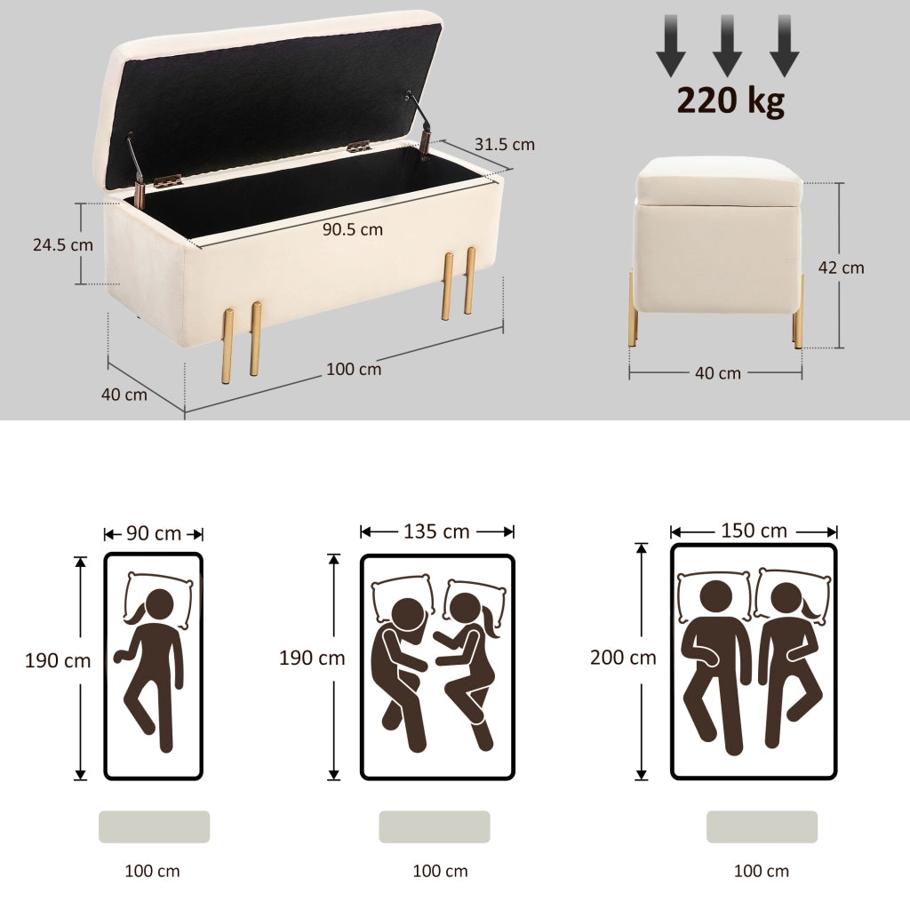 Panca Fondo Letto Moderna con Spazio Contenitore Interno, in Poliestere Beige, 100x40x42 cm