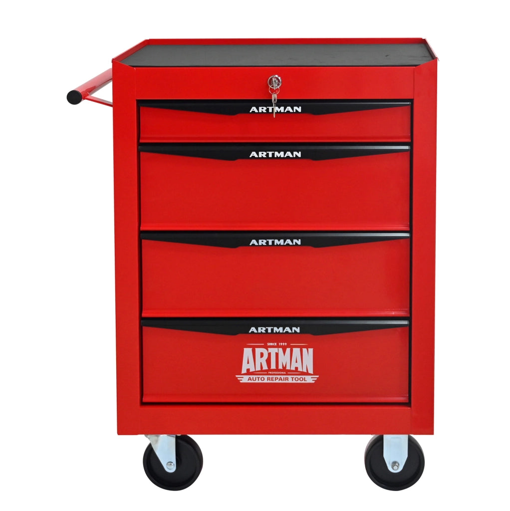 Carrello portautensili in acciaio con 4 cassetti e ruote, 60x33x77,5 cm, rosso e nero