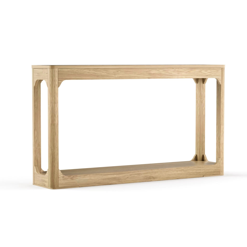 Consolle stretta con ripiani aperti in MDF colore naturale per ingresso e dietro il divano lunghezza 140 cm