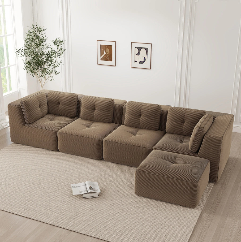 Divano modulare 386x177x69 cm in velluto a coste marrone, senza montaggio