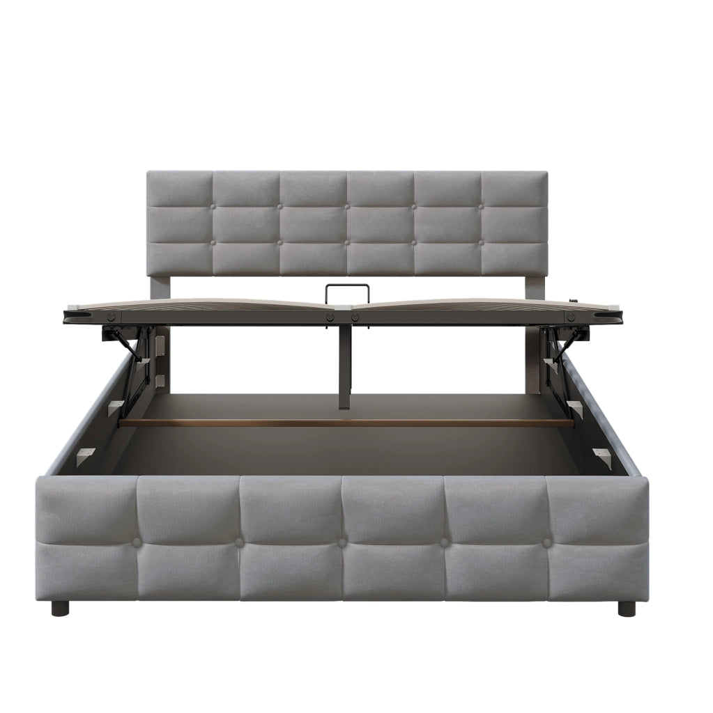 Letto imbottito 180x200 cm con rete a doghe e sollevamento idraulico, rivestimento in velluto olandese grigio