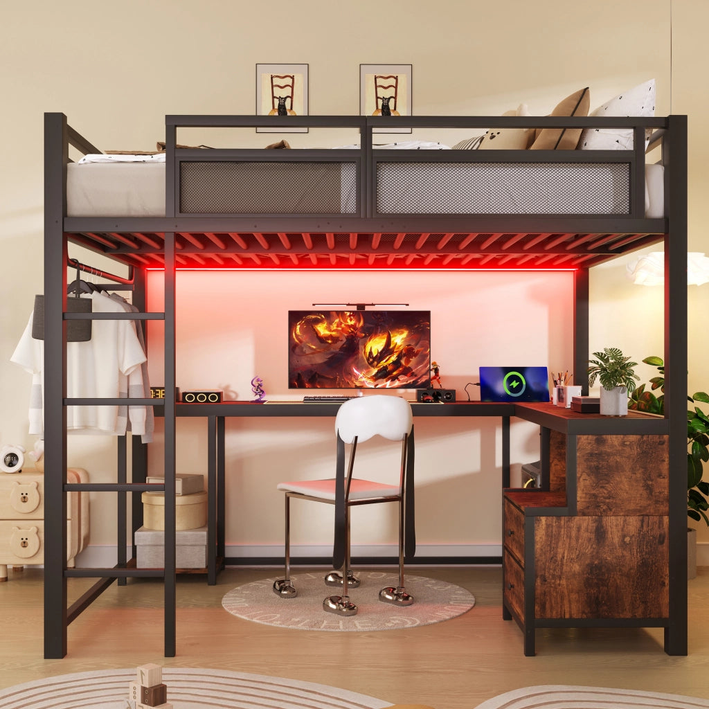 Letto a Soppalco 140x200 cm con Scrivania; LED; USB; Contenitore; Scala e Sponde; Nero