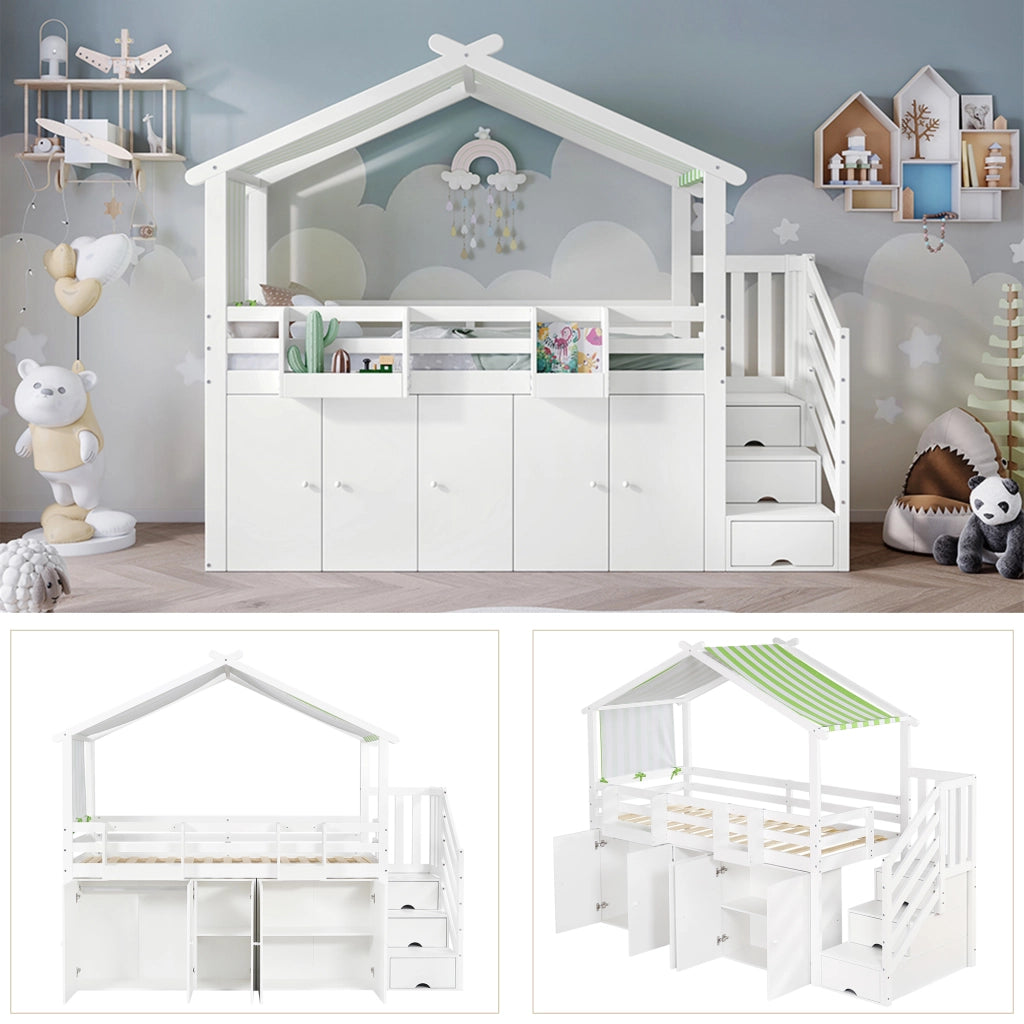 Letto a soppalco per bambini 90 × 200 cm 1 posto con armadio, 5 vani, scala e barriera, senza materasso, bianco e verde