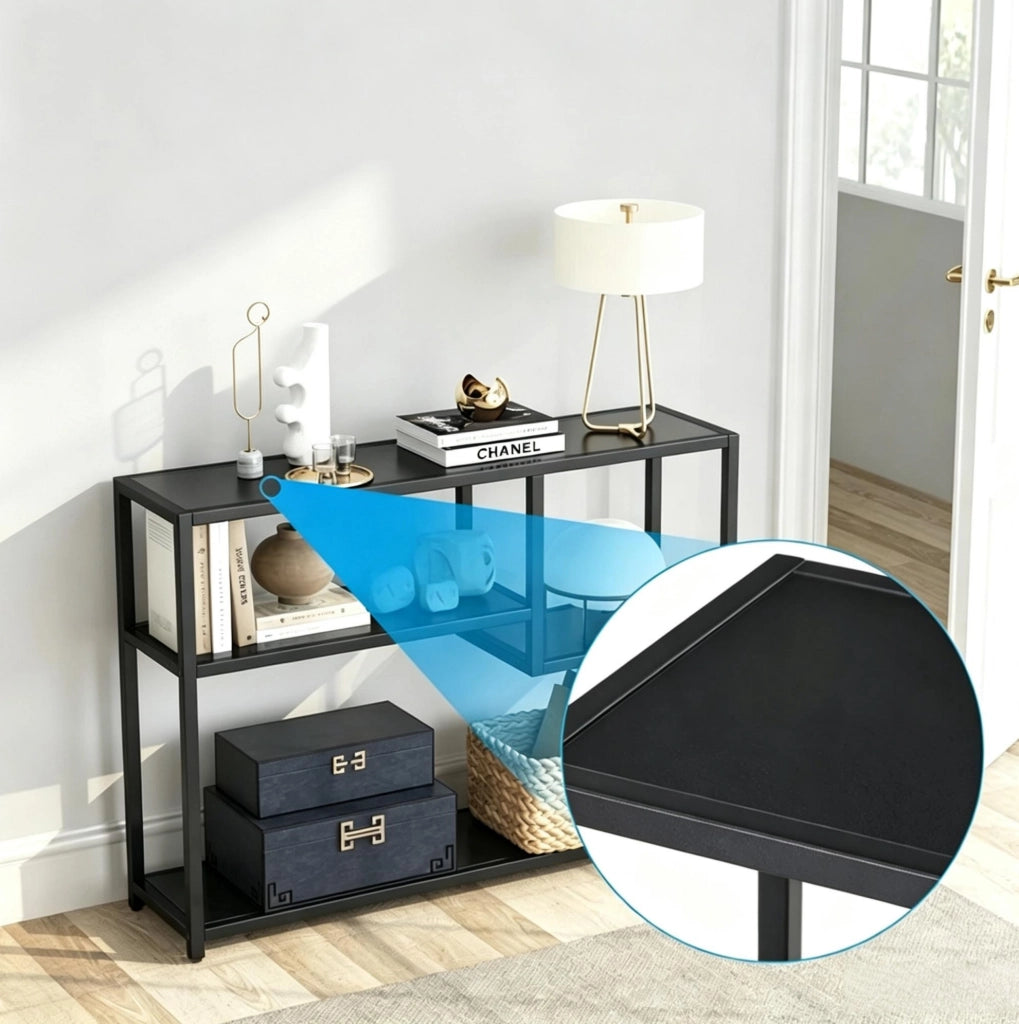 Tavolo Consolle Moderno Nero con Ripiani Aperti, Multi-livello, 110x30x85 cm
