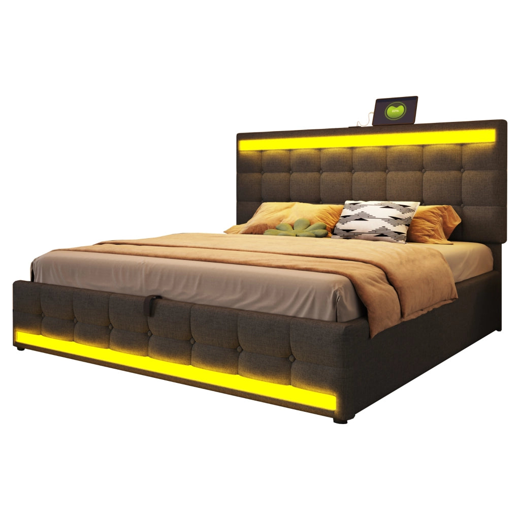 Letto imbottito 180 x 200 cm con contenitore idraulico, porta USB e striscia LED a colori variabili, letto singolo in lino, Grigio