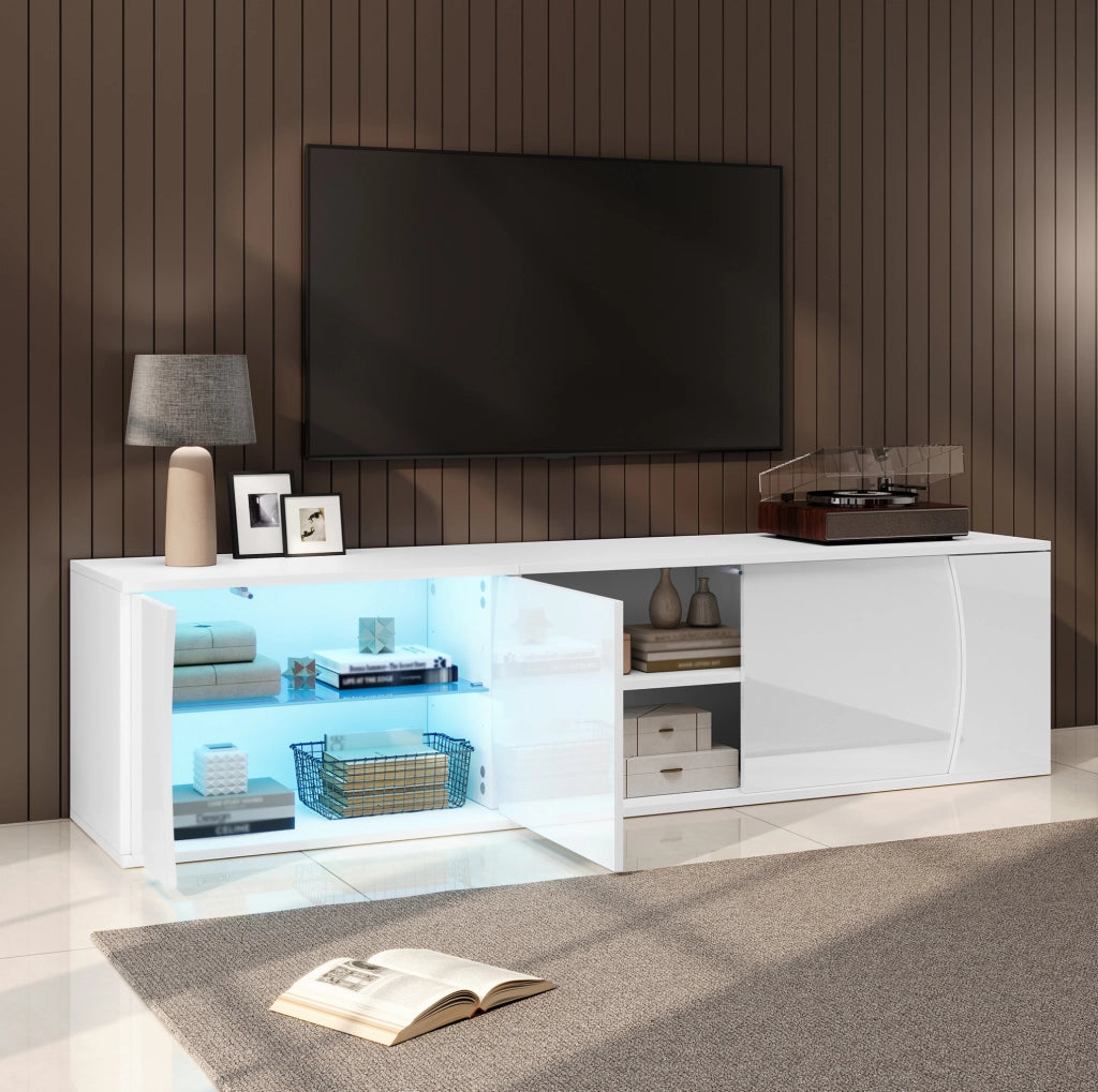 Mobile TV bianco lucido 180 cm con LED, 3 ante e ripiani in vetro