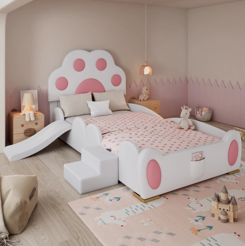 Letto singolo imbottito per bambini con scivolo e scaletta, testiera a forma di zampa di gatto, PU bianco e rosa, 90x200 cm