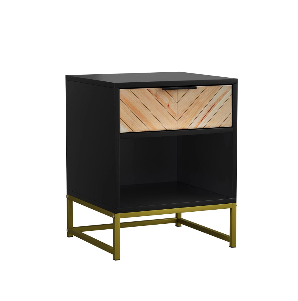 Comodino moderno in MDF nero e naturale, 43 x 40 x 55 cm