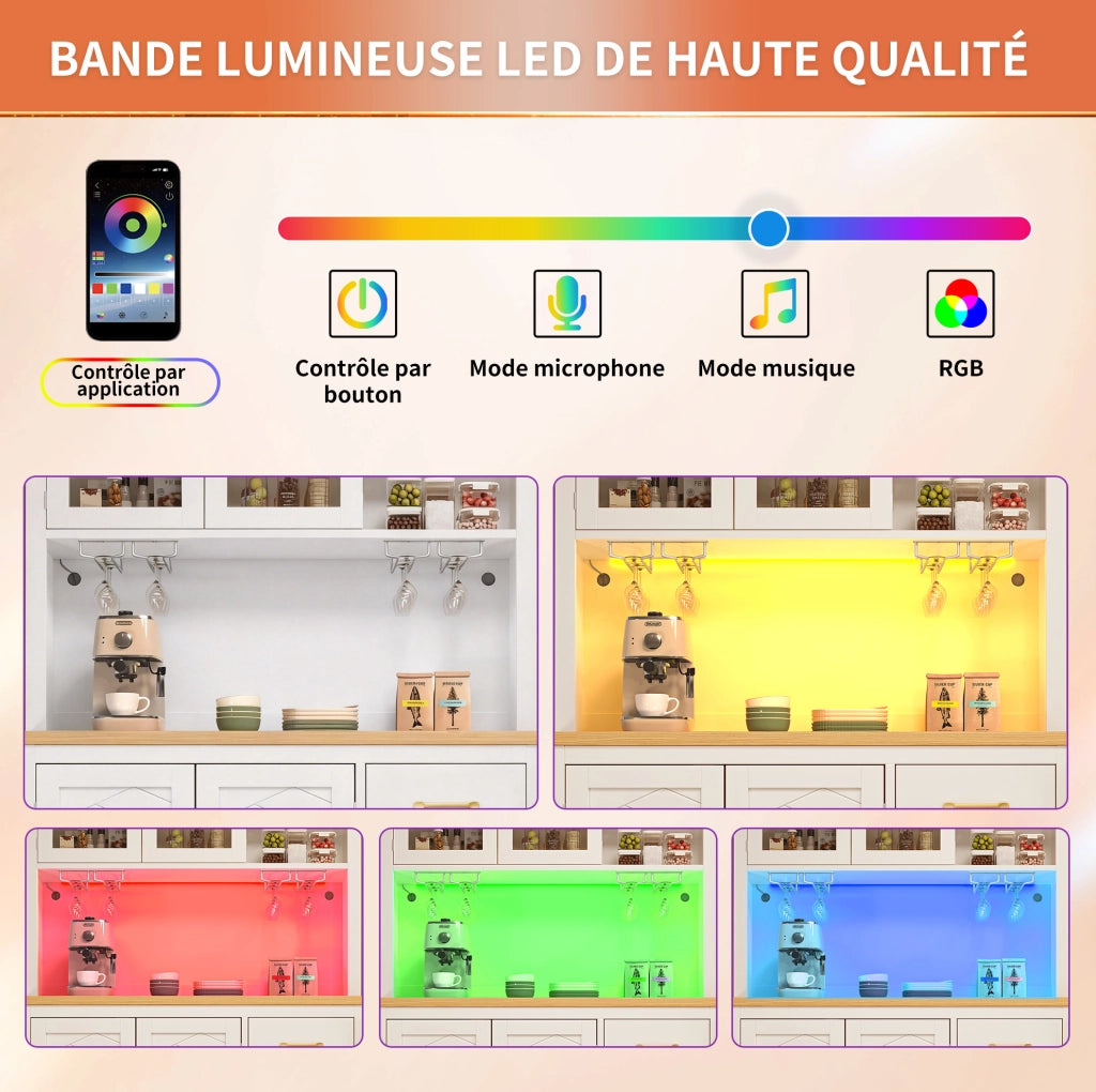 Buffet bianco in MDF con 4 porte, LED integrati e supporti per bevande, 105,5x40x180 cm